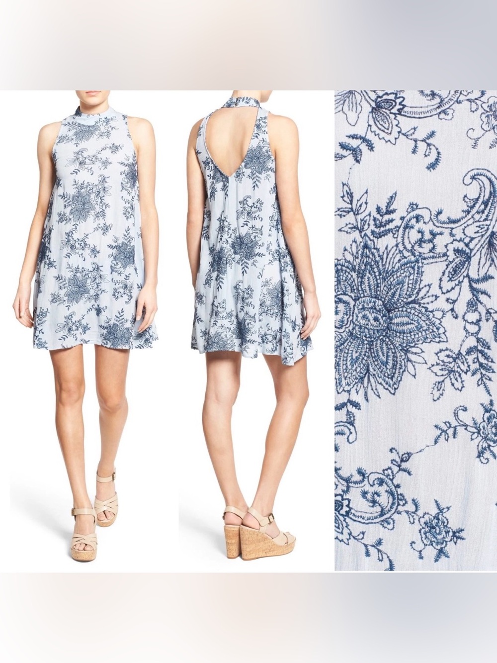 Way-In Embroidered Open Back Mini Boho Shift Dress Size S Black Blue